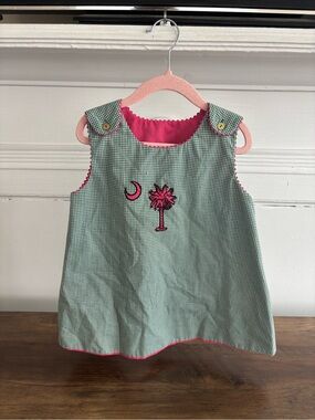 Pink-Trim Green Gingham Girls' Dress with Palm Embroidery